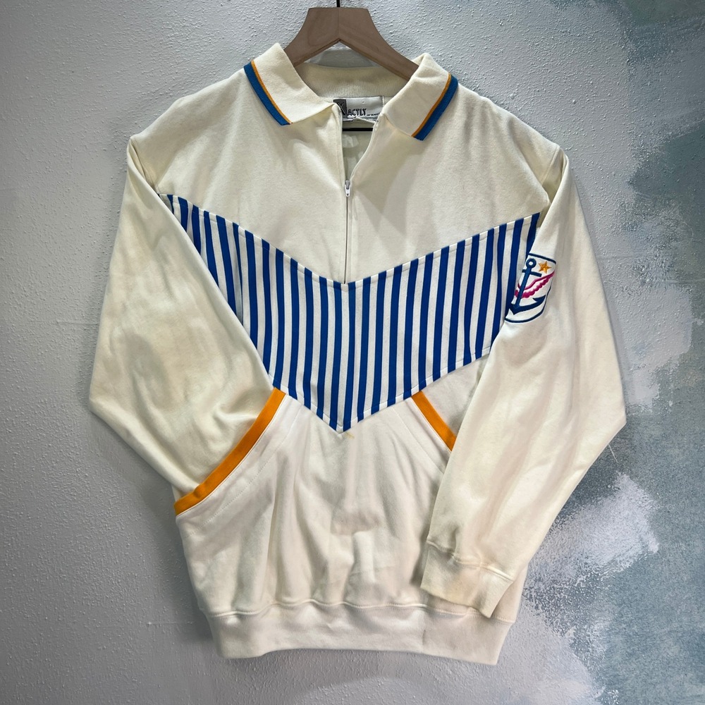 VTG Xactly By Blast Women S Pullover White Blue Nautical Q Zip Anchor Sweatshirt